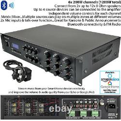 1200W Stereo Bluetooth Amplifier 6x 200W Channel Multi Zone HiFi Matrix Mixer
