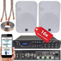 1600W Bluetooth Sound System 16x 200W White Wall Speaker 8 Zone Matrix Amplifier