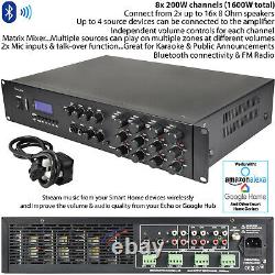 1600W Stereo Bluetooth Amplifier 8x 200W Channel Multi Zone HiFi Matrix Mixer