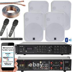 800W Bluetooth Sound System 4x White 200W Wall Speaker Amp Wireless Microphones