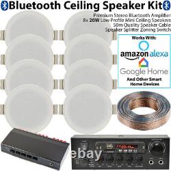 Bluetooth Ceiling Music Kit 4 Zone Stereo Amp & 8x Low Profile HiFi Speaker