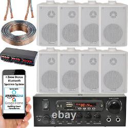 Bluetooth Wall Speaker Kit 4 Zone Stereo Amp & 8x White Wall Background Music