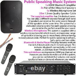 Wireless Microphone Public Address System 4x Black 200W Wall Speakers 800W Amp