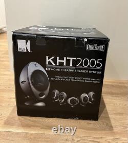 Enceintes surround KEF HTS2001 Egg x 5, 4 pieds hauts, câbles, manuels, boîte