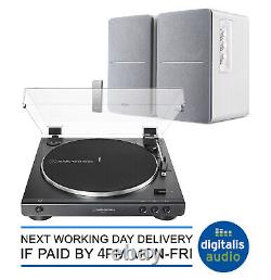 Plateau tournant Audio-Technica AT-LP60X et enceintes blanches Edifier R1280T