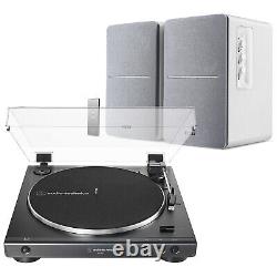 Plateau tournant Audio-Technica AT-LP60X et enceintes blanches Edifier R1280T