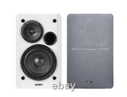 Plateau tournant Audio-Technica AT-LP60X et enceintes blanches Edifier R1280T