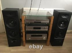 Système audio Yamaha avec enceintes Wharfdale et cabinet en teck et verre