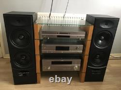 Système audio Yamaha avec enceintes Wharfdale et cabinet en teck et verre