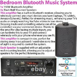 Système de musique Bluetooth pour chambre avec 4 haut-parleurs noirs et amplificateur de 110W pour audio d'ambiance