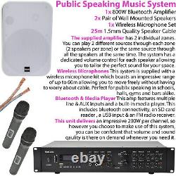 Système de sonorisation public à microphone sans fil avec 4 haut-parleurs muraux blancs de 200W et amplificateur de 800W